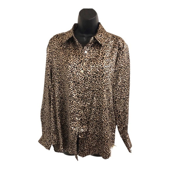 Nicole Miller NY animal print silky pajama look button down shirt & pantsuit set - Picture 12 of 16